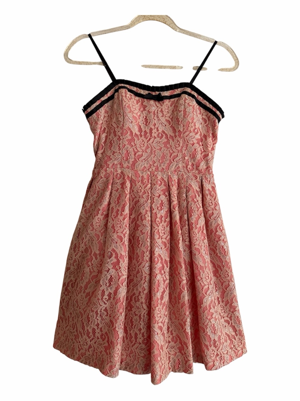 Juniors Pink Sparkly Lace Spaghetti-Strap Party Dress w/ Black Trim Y2K